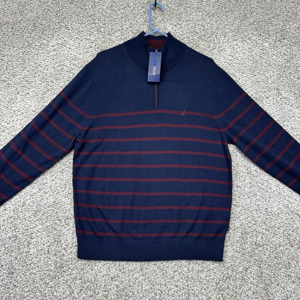 Nautica NavTech Sweater Men's Large Blue Red Stripes Quarter Zip Pullover New - Picture 1 of 13